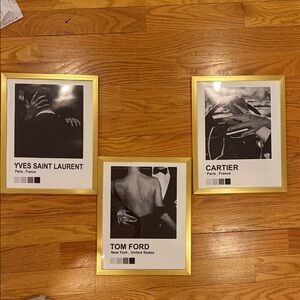 Set of 3 Gold Frame Fashion Prints - Yves Saint Laurent, Tom Ford, Cartier